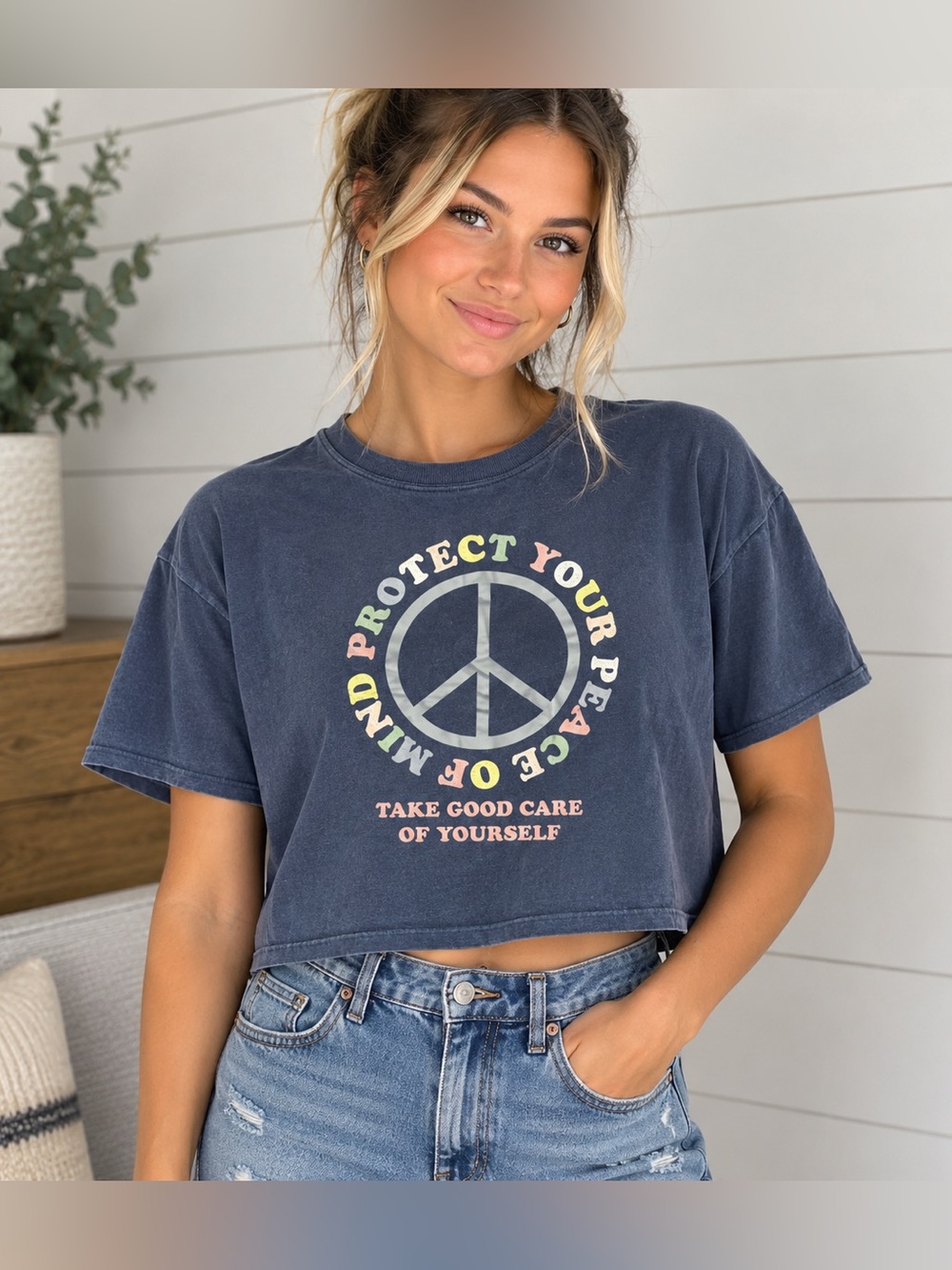Levi's Navy Crop Tee with Pastel Peace Graphic